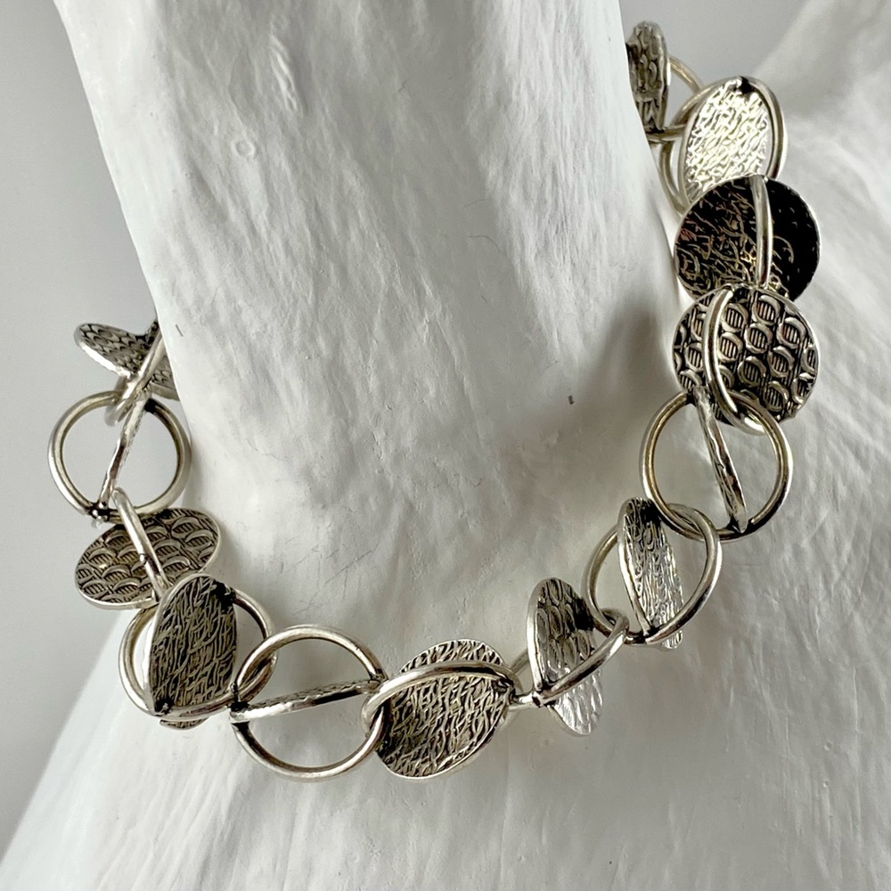 New Sterling Silver Patterned Disc Round Link Bra… - image 4